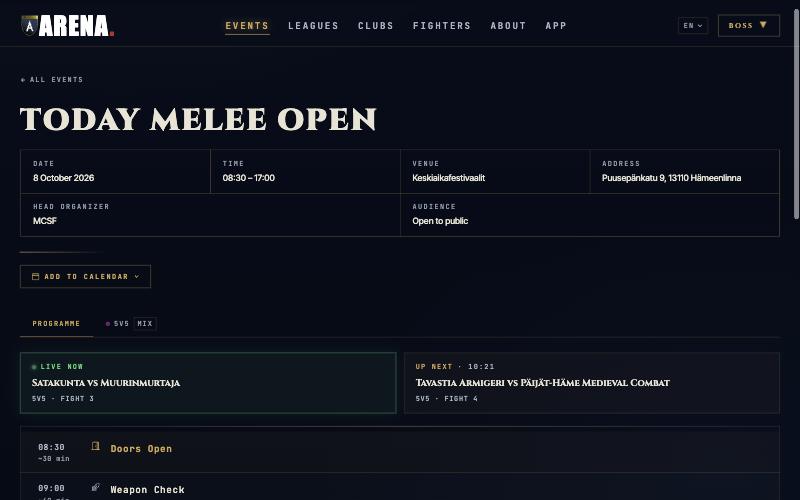 An event page showing the live fight, the next fight and the programme