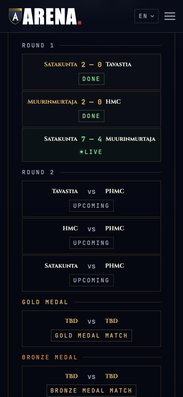 A category's match list on a phone, with one fight live